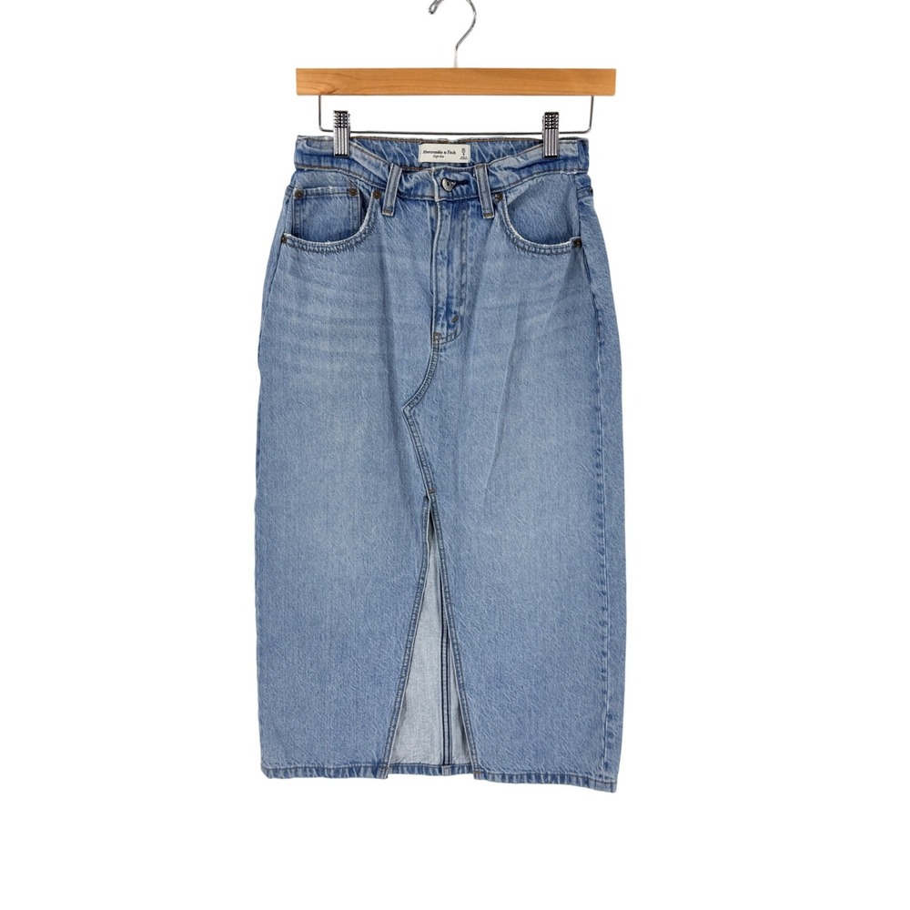 Abercrombie & Fitch Denim Midi Skirt Light Blue 6 High Rise Slit 90s Y2K Trendy